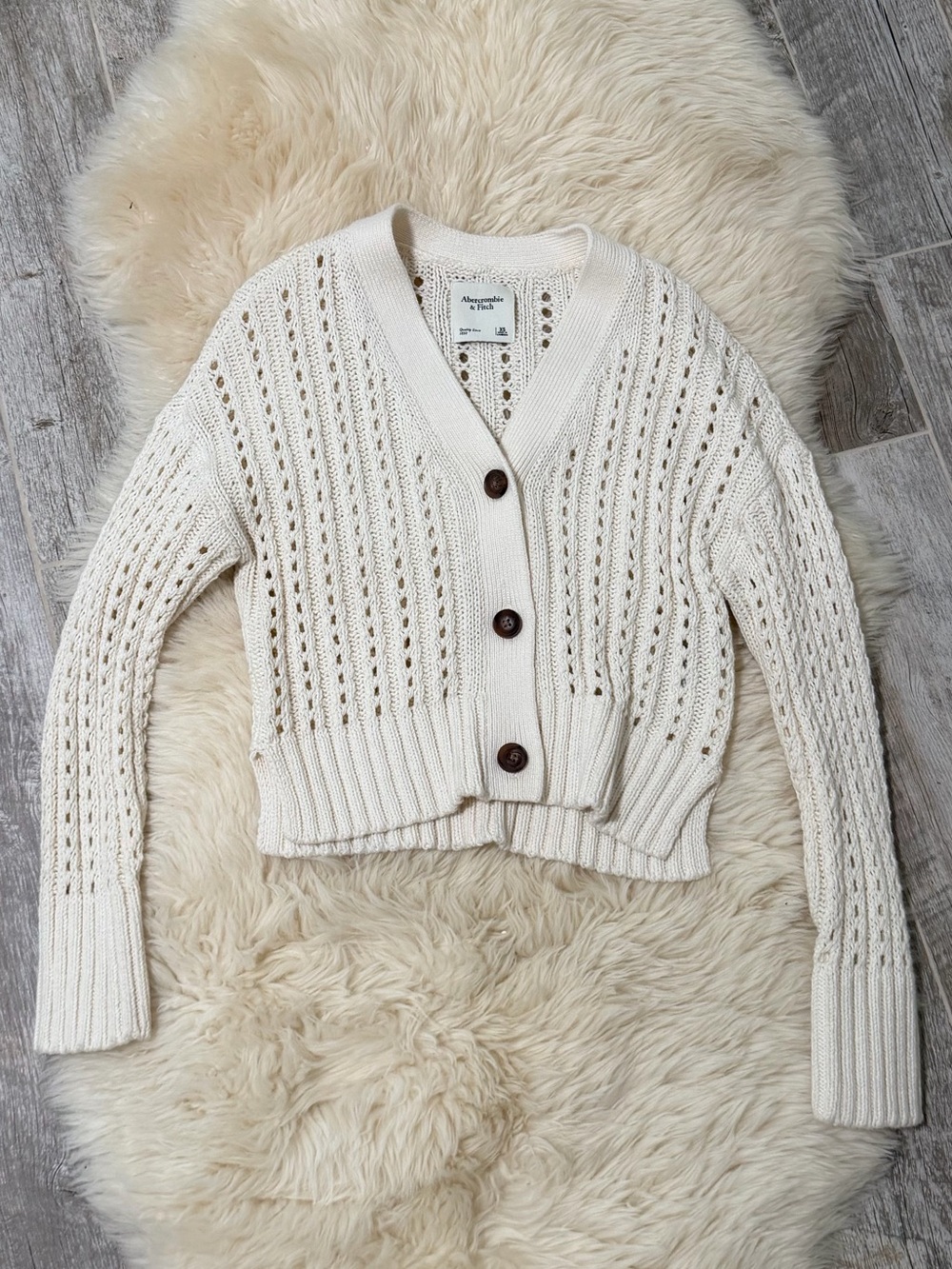 Abercrombie & Fitch Cream Open-Knit Button-Up Cardigan